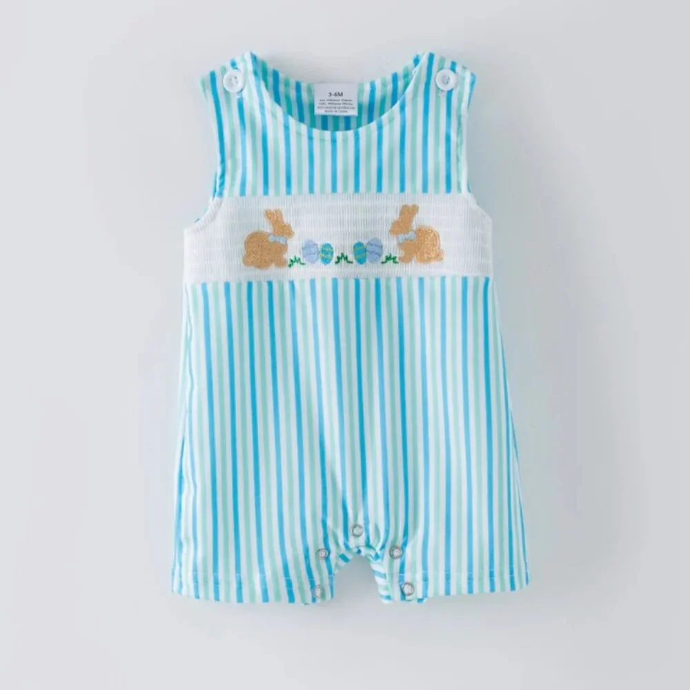 Boutique Rabbit Easter Bunny Baby Boys Smocked Shortall Romper Jumpsuit